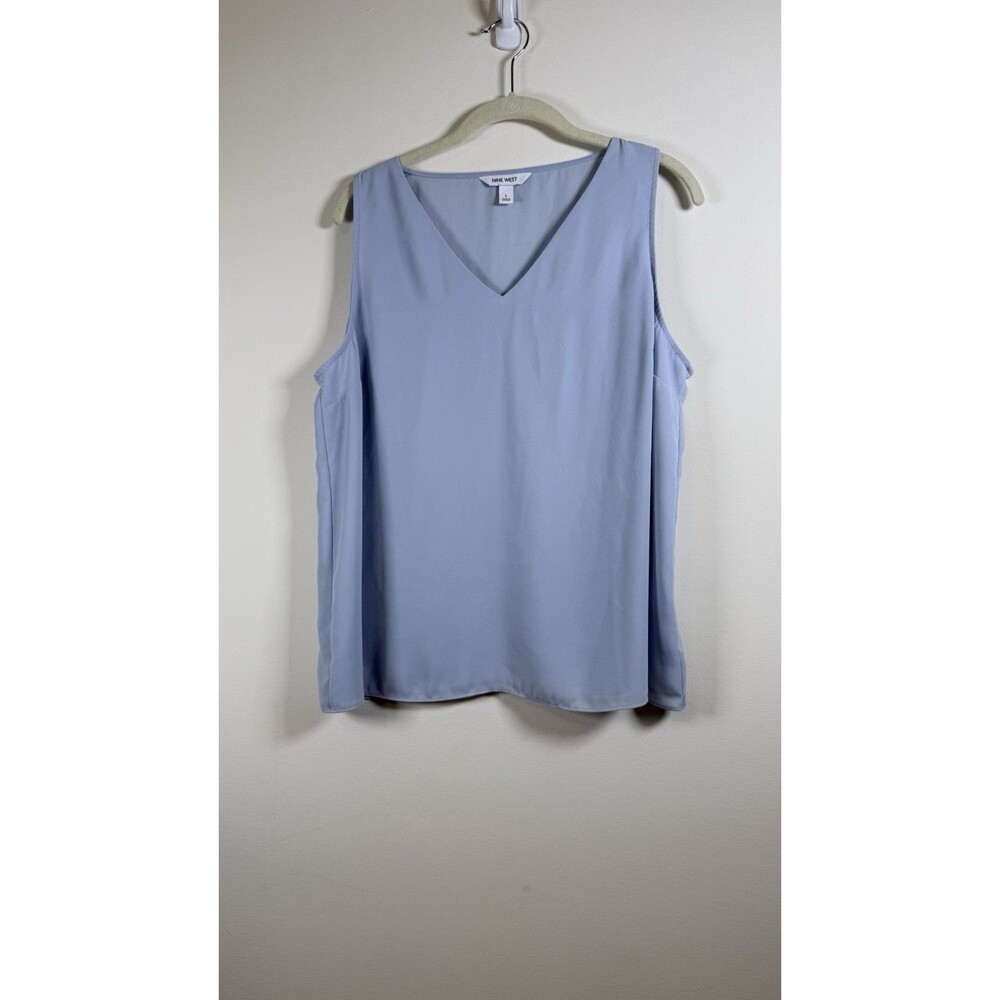 Nine West Womens Solid Blue Sleeveless V-Neck Blouse - Regular L